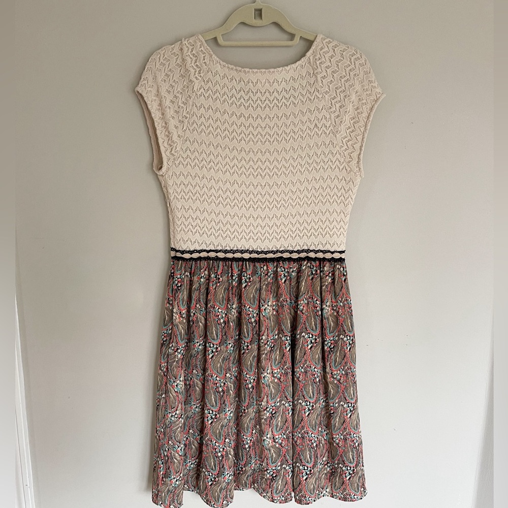 Anthropologie Weston Dress Cream Woven Bodice, Design Skirt A Line Size Medium - Picture 4 of 11